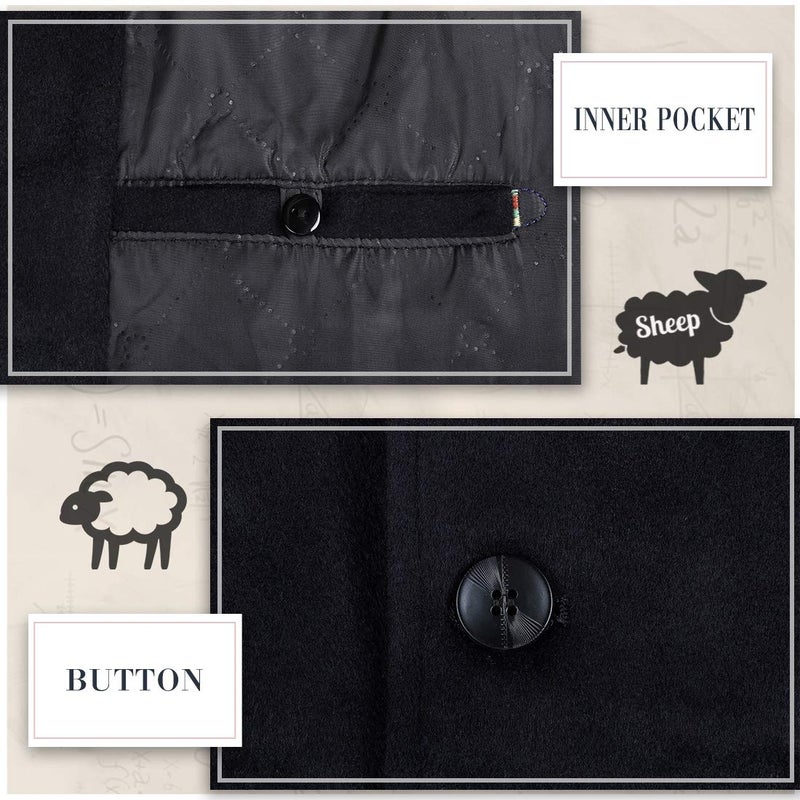 iCKER Mens Trench Coat Winter Wool Blend Jacket Overcoat Long Top Coat Warm Pea Coat-1911-Black-Large - Image 3